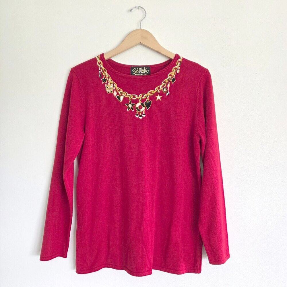 Bob Mackie Wearable Art Red Cat Sweater Embroidered Gold Charm Necklace